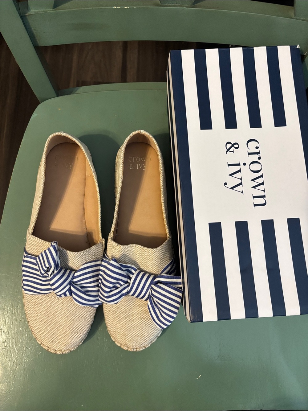 crown & ivy Beige Canvas Kids Moccasins with Blue-White Striped Bow